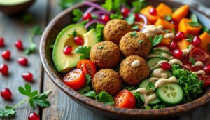 découvrez notre buddha bowl gourmand aux falafels, une explosion de saveurs sucrées et salées pour un repas sain et délicieux.