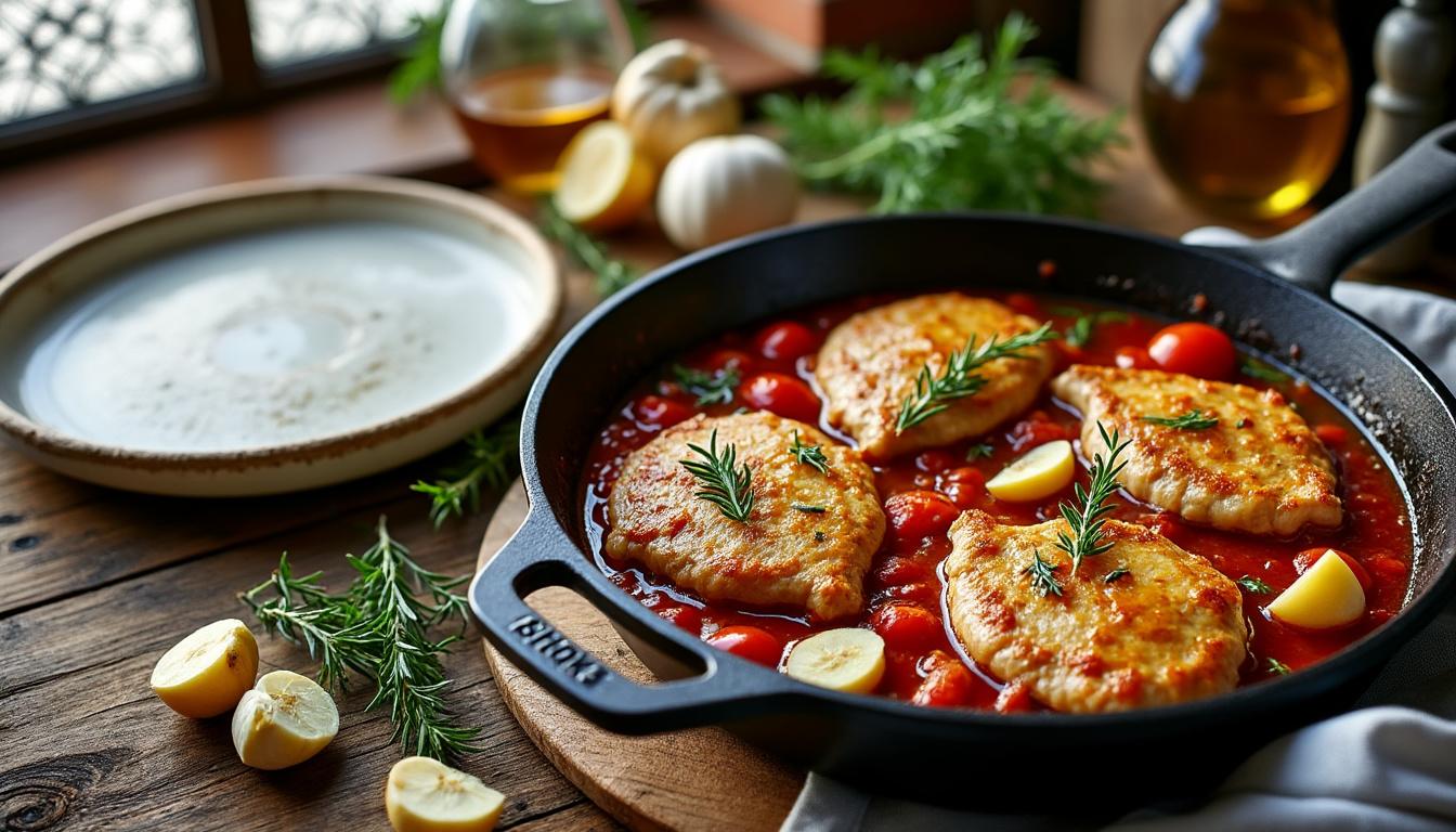 savourez une délicieuse escalope de dinde tendre et juteuse, généreusement nappée d'une sauce tomate maison aux saveurs authentiques, parfaite pour un repas gourmand et réconfortant.
