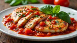 savourez une délicieuse escalope de dinde tendre, généreusement nappée d'une sauce tomate maison riche en saveurs, pour un repas gourmand et authentique.
