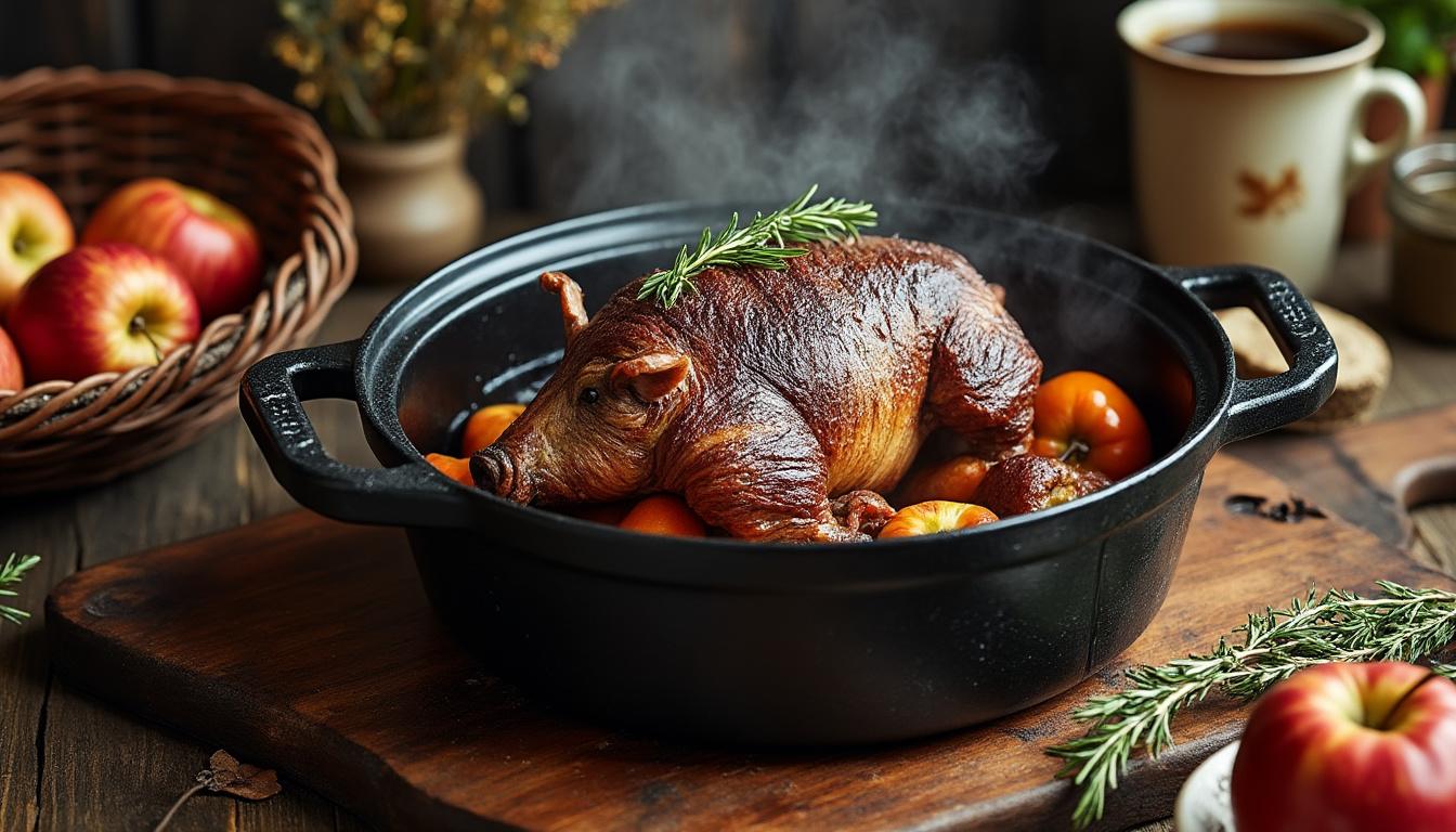 découvrez notre recette de sanglier rôti en cocotte, tendre et savoureuse, idéale pour un repas gourmant et raffiné.