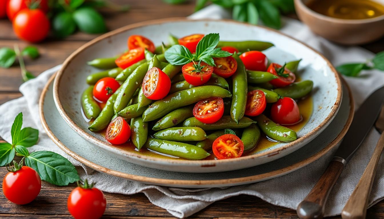 découvrez une recette estivale savoureuse de haricots plats mijotés à la tomate fraîche, parfaite pour un repas léger et plein de fraîcheur.