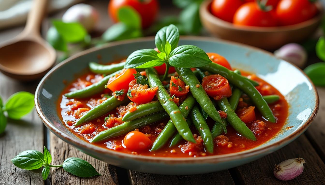 savourez l'été avec nos haricots plats mijotés à la tomate fraßche, une recette légÚre et pleine de saveurs pour vos repas ensoleillés.