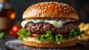 découvrez le hamburger à la fourme d'ambert aop, une explosion de saveurs audacieuses alliant douceur et caractère pour un plaisir gustatif unique.