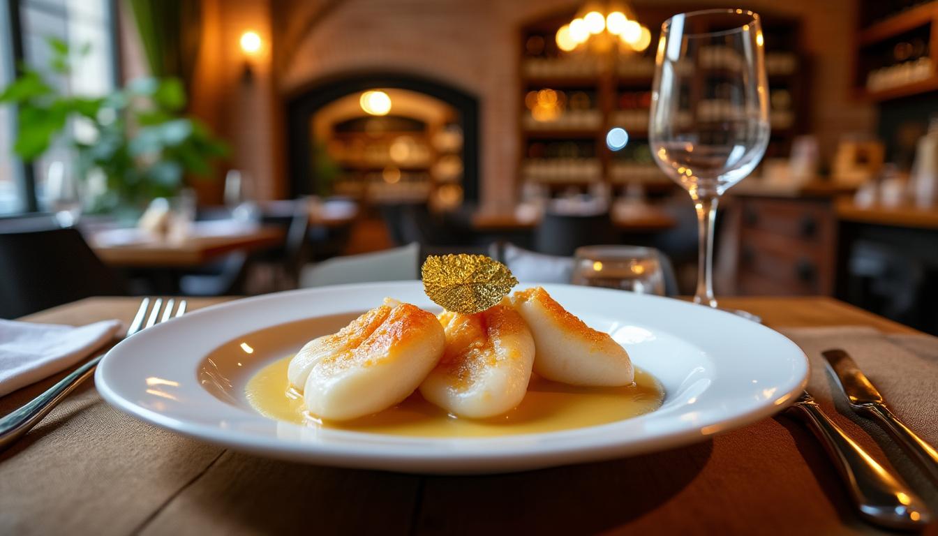 découvrez l'élégance des ballotins de lotte délicatement nappés d'une bisque raffinée, une alliance parfaite de saveurs pour un repas gourmet inoubliable.