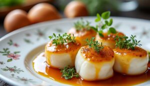 découvrez l'élégance des ballotins de lotte délicatement nappés d'une bisque raffinée, une expérience gustative raffinée pour les palais exigeants.