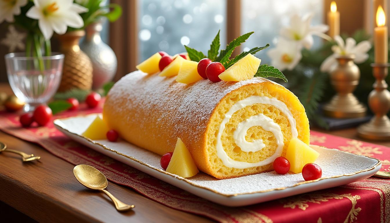 découvrez la bûche roulée à l'ananas et mascarpone, un délice exotique parfait pour des fêtes savoureuses et pleines de fraîcheur.