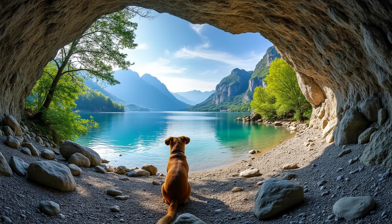 découvrez la grotte sarrasin et profitez d'un panorama spectaculaire sur le lac d'annecy, en compagnie de votre fidèle compagnon à quatre pattes. une aventure nature inoubliable vous attend.