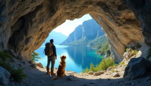 découvrez la grotte sarrasin et profitez d'un panorama exceptionnel sur le lac d'annecy, accompagné de votre fidèle compagnon à quatre pattes pour une aventure inoubliable.